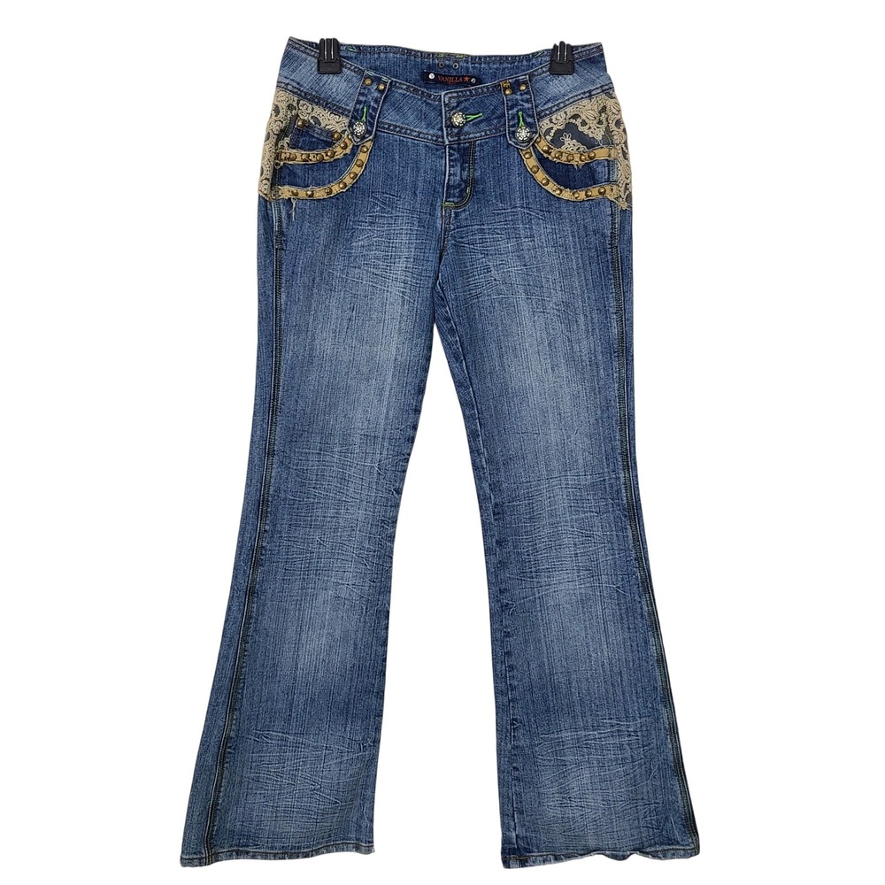 Vtg Y2K Vanilla Star Lace Studded Size 9 JR Flare Leg Jeans Rhinestone Low Rise